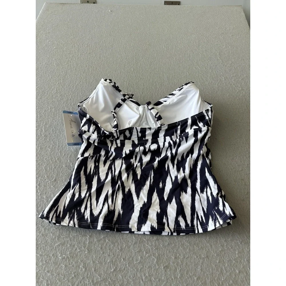 Anne Cole Tankini Swimsuit Top Womens Large Blue Ikat Print UPF 50 Adjustable
